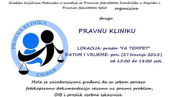 Pravna klinika u Makarskoj: Pravni savjeti za građane 27. travnja u prostorijama FA Tempeta