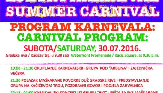 Tradicionalni makarski Ljetni karneval u subotu 30. srpnja: Velika maškarana fešta na Kačićevom trgu uz duo ''BIG''
