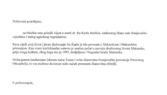 U povodu smrti dr. fra Karla Jurišića gradonačelnik Tonći Bilić uputio izraze sućuti gvardijanu Franjevačkog samostana